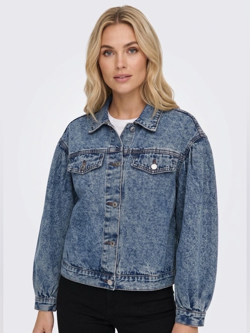 Vera Dolini Acid Wash Denim Jacket with Puff Sleeves Size 8
